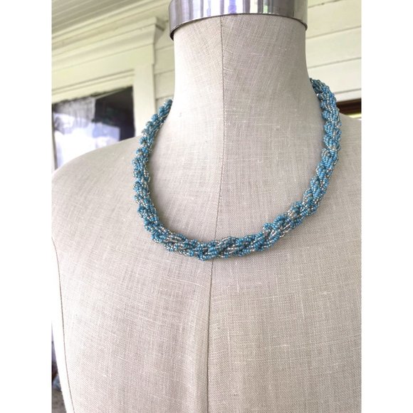 Vintage Nepal Glass seed bead Woven Necklace Turquoise - Picture 10 of 13